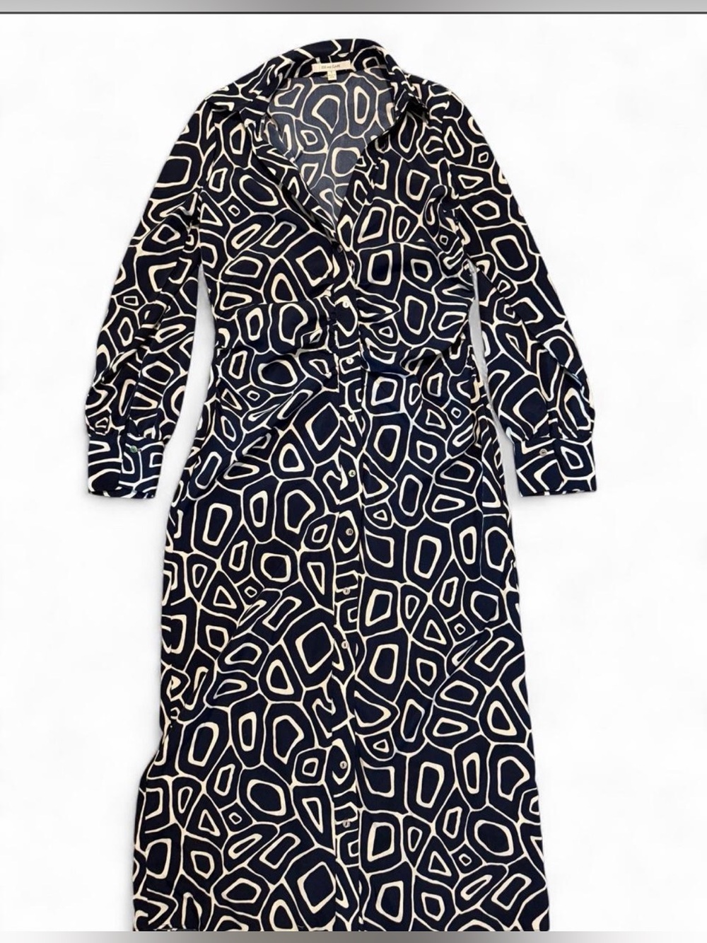 Navy and White Geometric Button Down Midi Dress